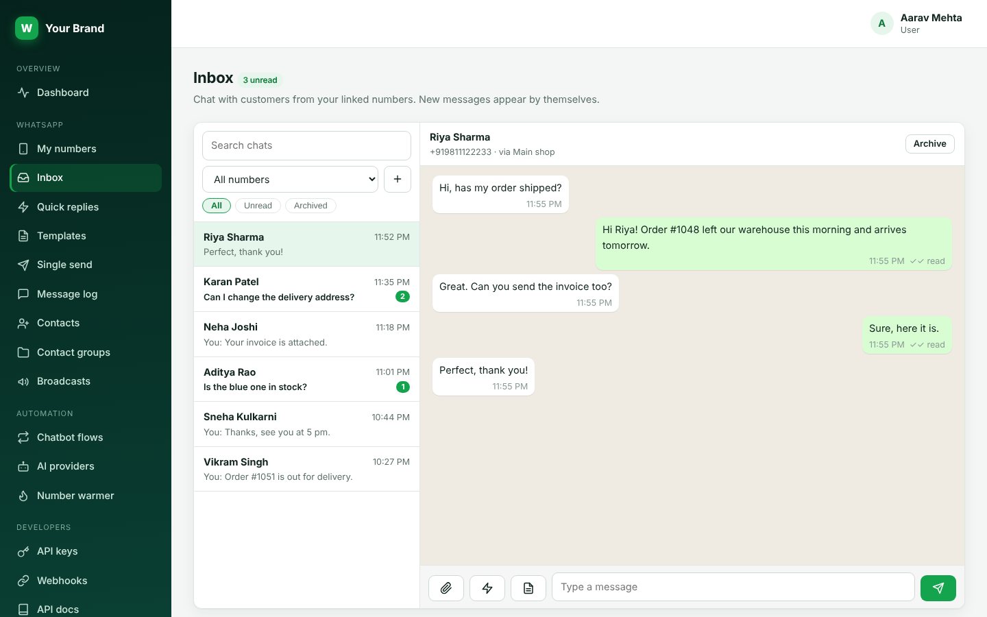 The inbox with a conversation open