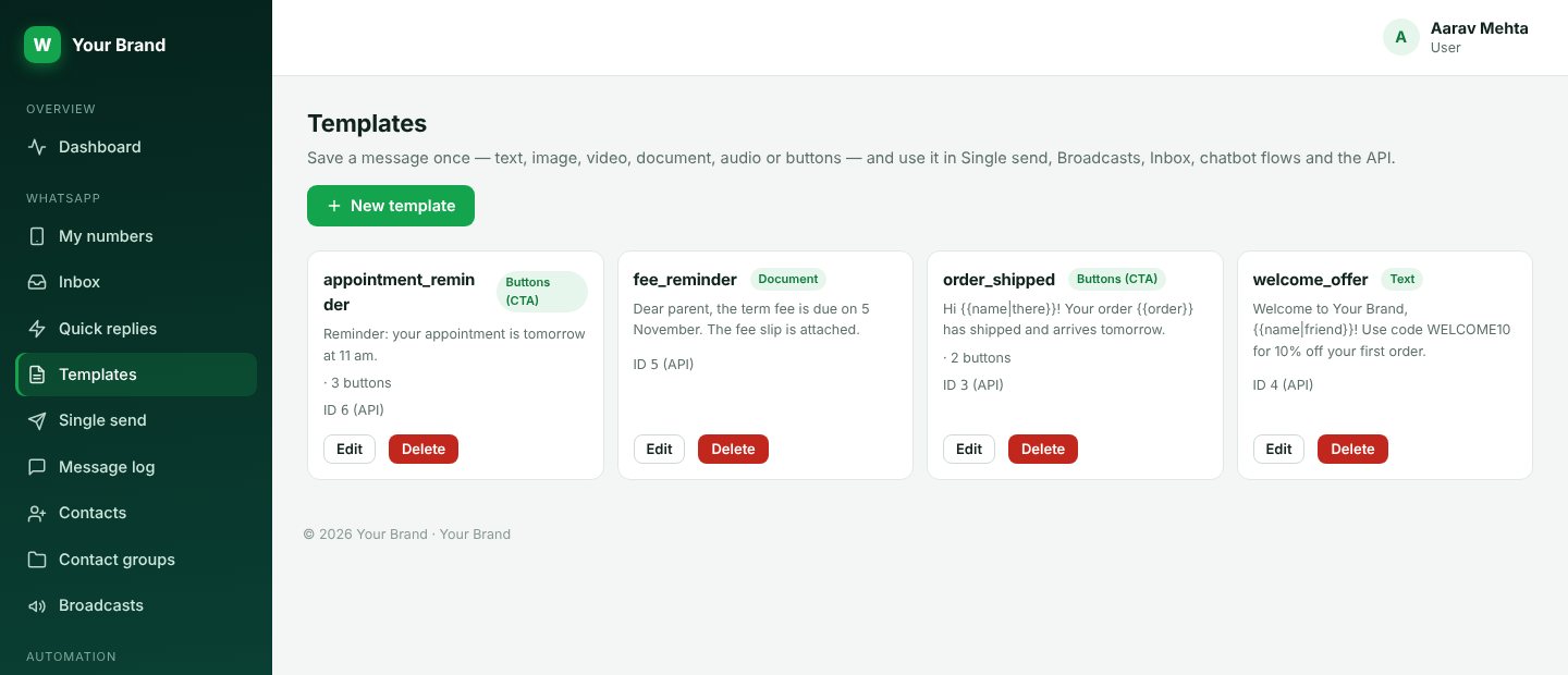 The templates page with saved messages